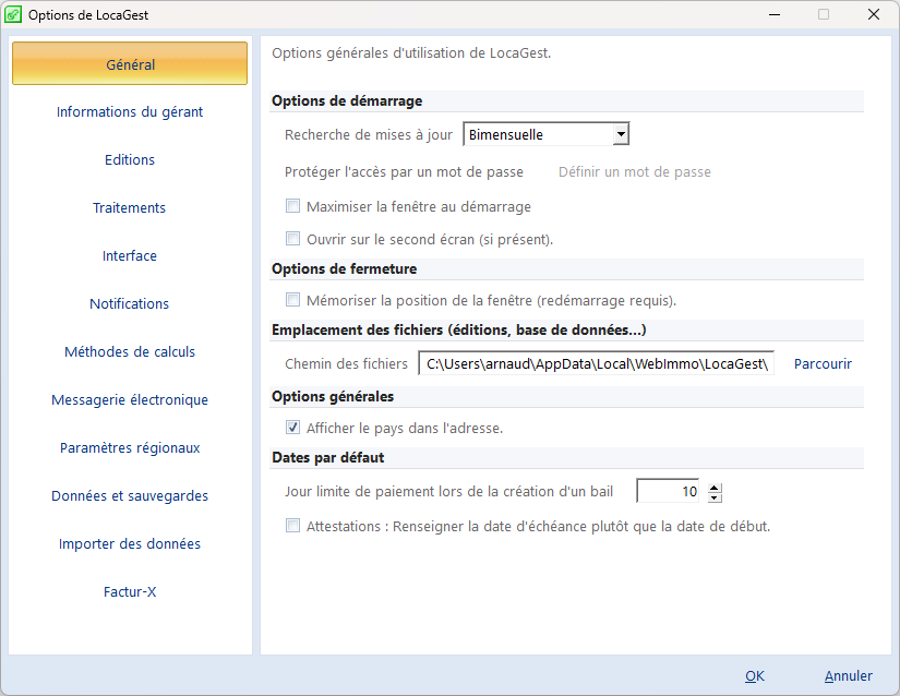 Catégorie Factur-X dans les options de LocaGest